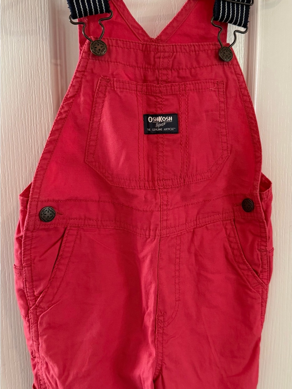 OshKosh B'gosh Boys Sz 4 Bright Red Kids Overalls with Blue Straps EUC